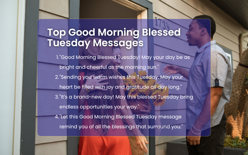 A cheerful message card with "Good Morning Blessed Tuesday" and warm wishes.
