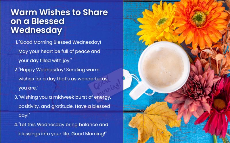 A smiling woman holding a cup of coffee, sharing warm wishes for a Good Morning Blessed Wednesday.
